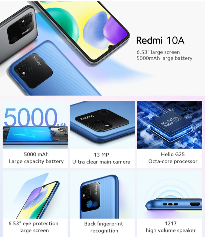 Xiaomi Redmi 10A Smartphone 13MP HD Display Helio 6.53' G25 Octa Core Fingerprint 5000mAh