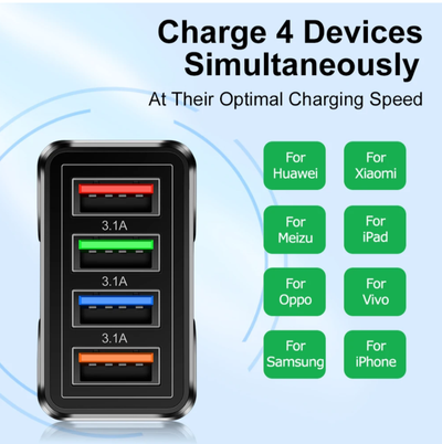 4 Ports Quick Charge 3.0 Wall Fast Charger Adapter Micro USB Fast Data Sync Charger Cable