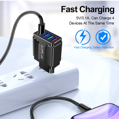 4 Ports Quick Charge 3.0 Wall Fast Charger Adapter Micro USB Fast Data Sync Charger Cable
