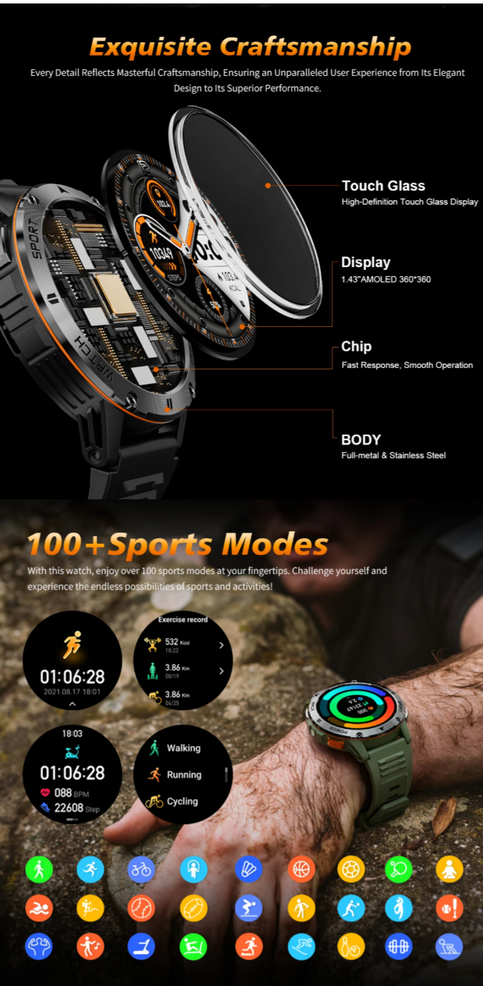 Smart Watch Men Compass Bluetooth Call Waterproof Smartwatch LED Flashlight Ftiness Watches
